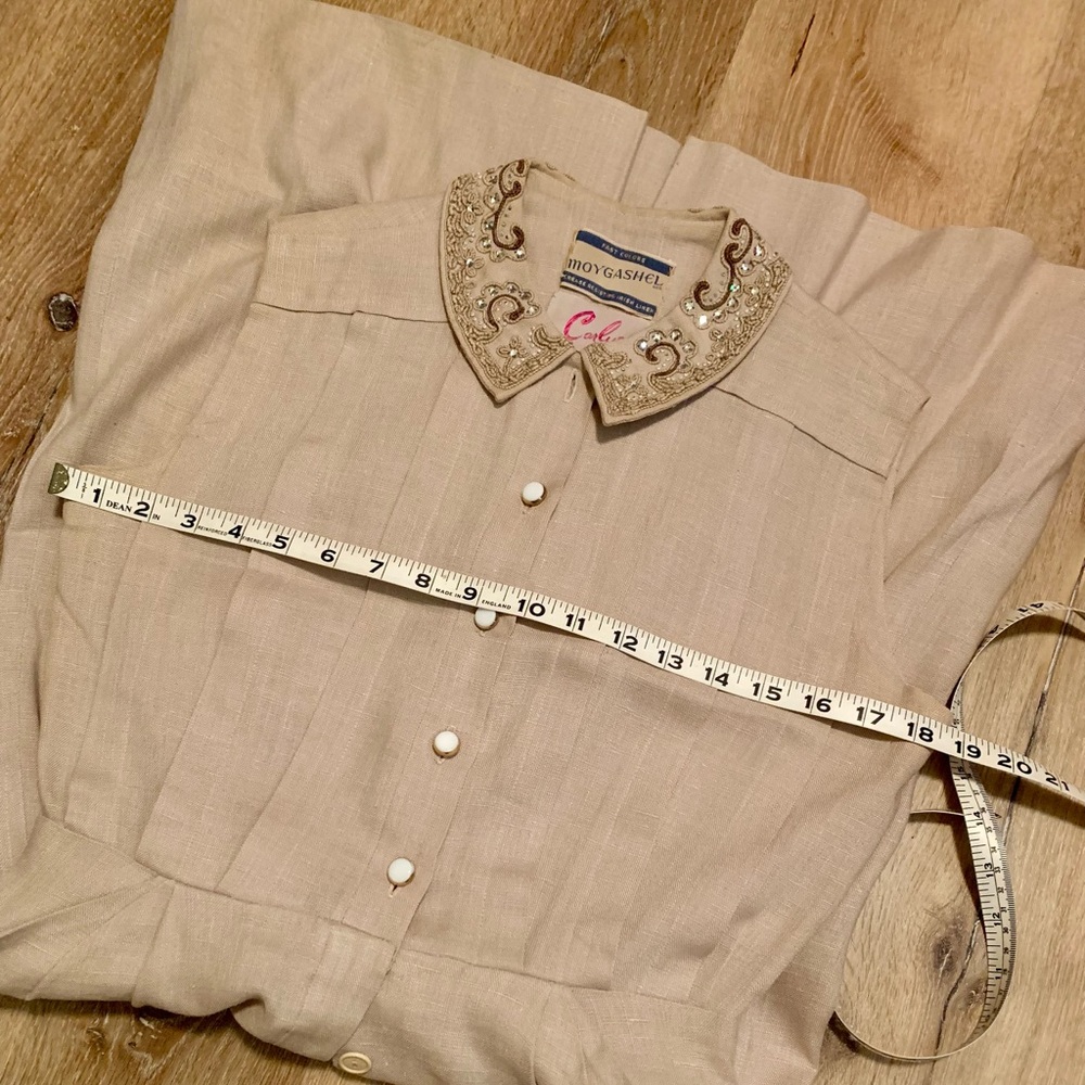 Vintage 1940’s 50s rhinestone beads linen dress pleats buttons Medium M 28”w VLV - Picture 5 of 12